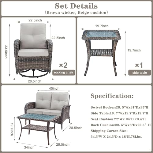 Outdoor Wicker Swivel Rocker Chairs Set of 2 with Rattan Side Table, Brown/Blue B592