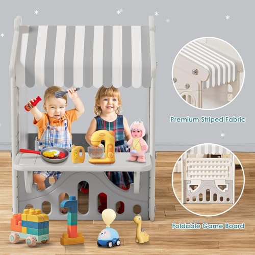 BIERUM Kids Playhouse with Pretend Play Kitchen Toys, Indoor Toddler Play Tent Beige Gray A198765