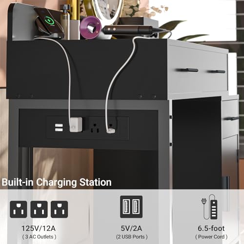 Black Vanity Desk with 4 Drawers and Charging Station O896