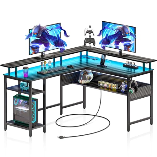 Rolanstar Computer Desk 56.7" with LED Lights and Power Outlets, Carbon Fiber Surface K1543