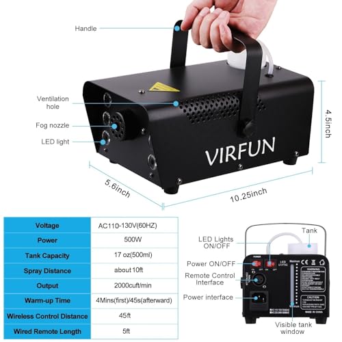 VIRFUN Fog Machine with 6 LED Lights and Remote Control G334