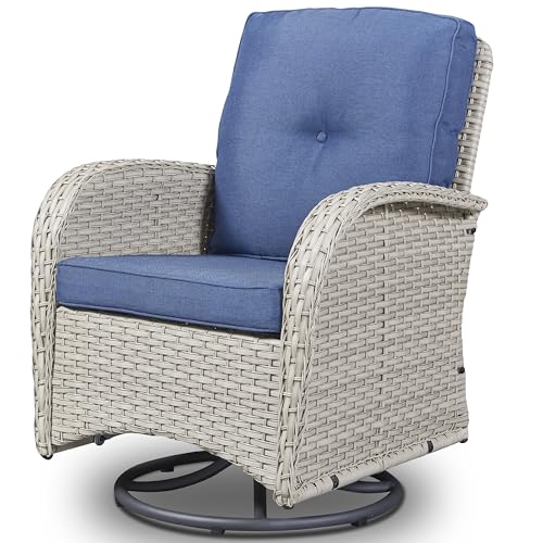 Outdoor Wicker Swivel Rocker Chairs Set of 2 with Rattan Side Table, Brown/Blue B592