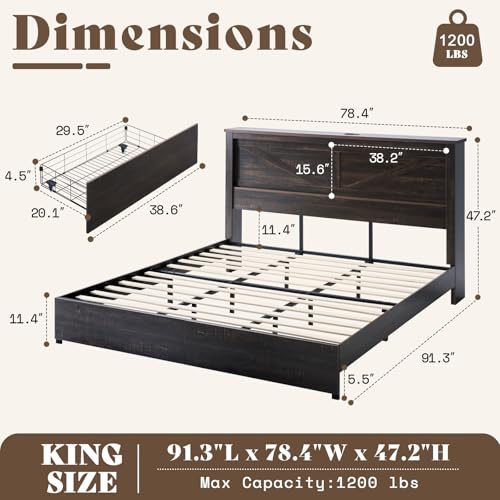 AMERLIFE King Bed Frame with Bookcase Headboard and Charging Station V4787