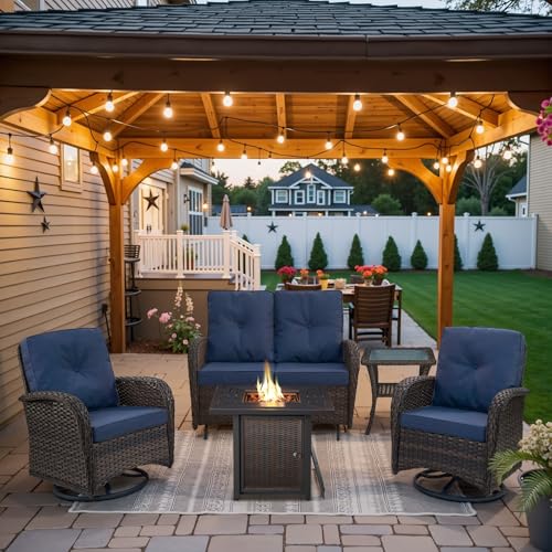 Outdoor Wicker Swivel Rocker Chairs Set of 2 with Rattan Side Table, Brown/Blue B592