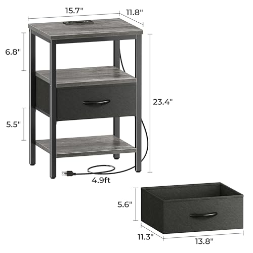 SUPERJARE Nightstand with Charging Station, Fabric Drawer, 3-Tier Storage, Walnut K366263