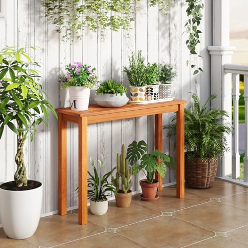 Tangkula Wooden Plant Stand with Teak Oil Finish for Outdoor Indoor B657