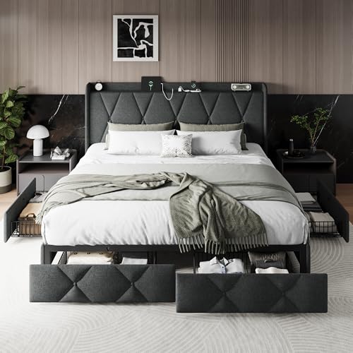 Queen Bed Frame with 4 Storage Drawers and Charging Station, Black S804993