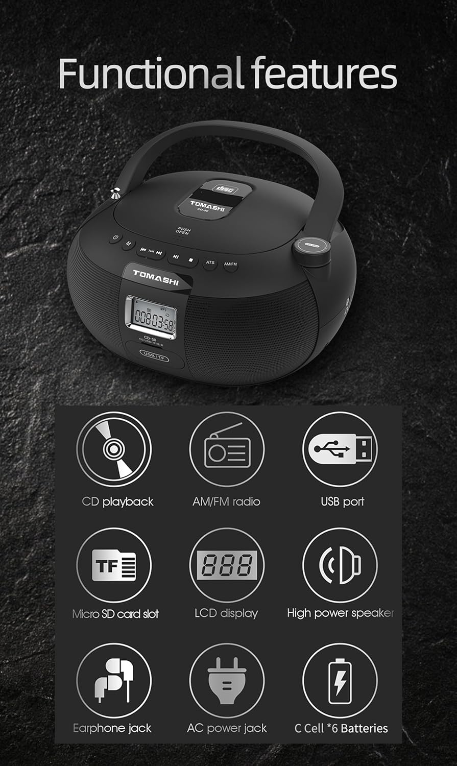 CD-50 CD Player Boombox Black Portable Stereo with LCD Display X796055