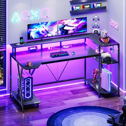 SEDETA Gaming Desk 70.8'' with LED Lights and Storage Shelves, Black Y2845