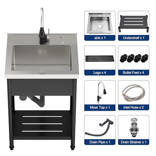 Lordear Stainless Steel Utility Sink 24 Inch Single Bowl Freestanding O589484
