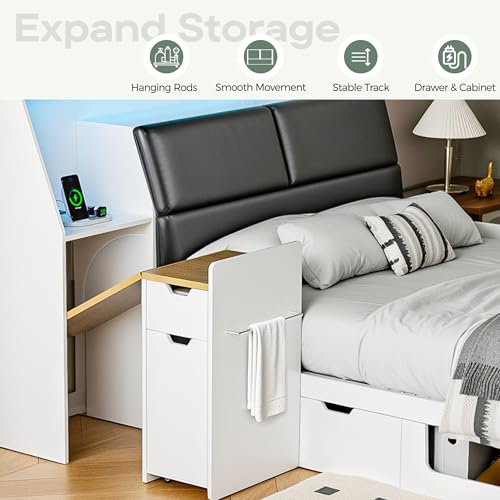 Full Platform Bed Frame with Foldable Desk, Storage Headboard, LED Light Y18160