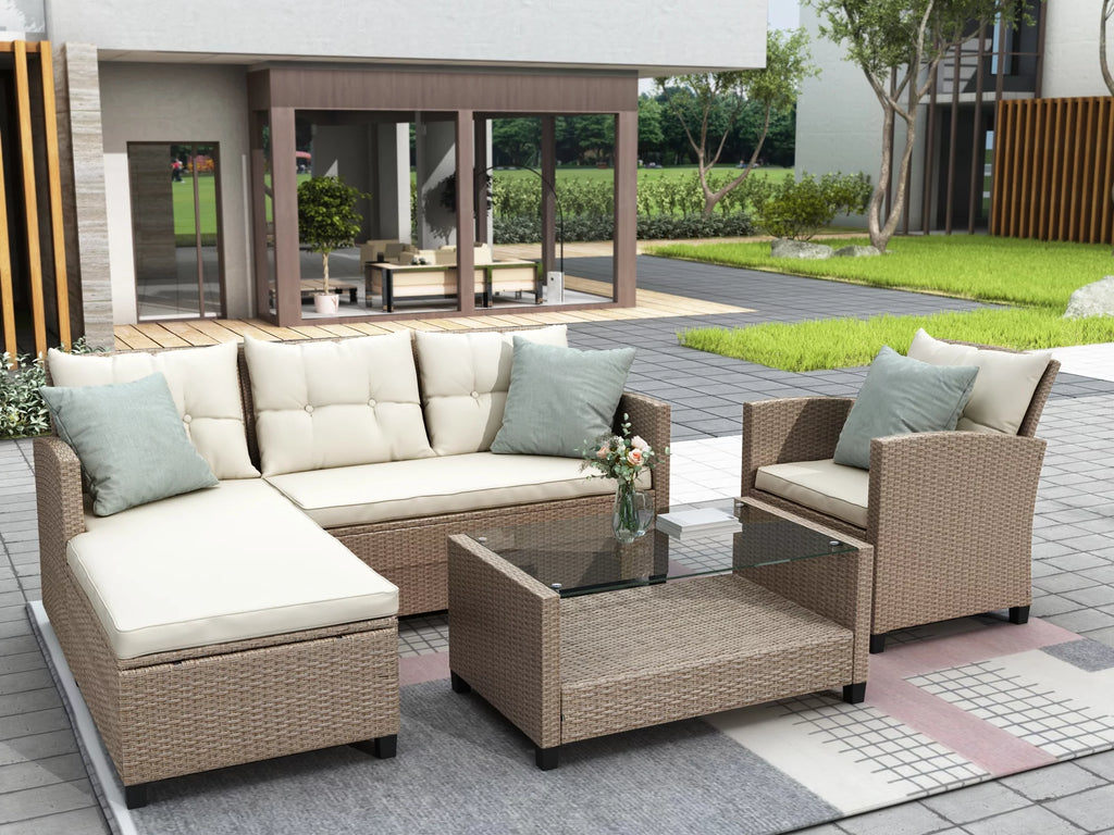 Dcenta Living room, Outdoor, Patio Furniture Sets, 4 Piece Conversation Set Wicker Rattan Sectional Sofa with Seat Cushions, Beige Brown