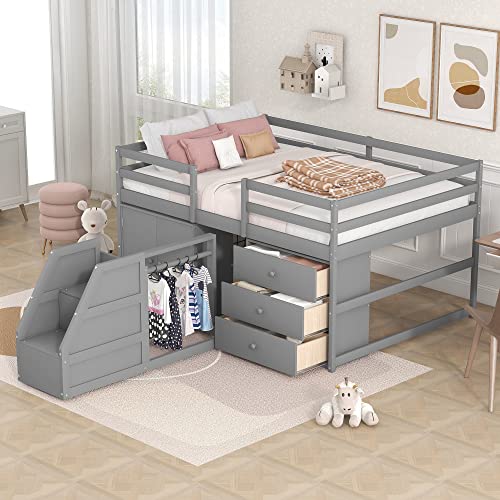 Full Size Low Loft Bed with Retractable Writing Desk, Storage Bed with 4 Drawers and Shelves, Wooden Loft Bed with Lateral Portable Desk for Kids Teens Adults Bedroom (White-Full)
