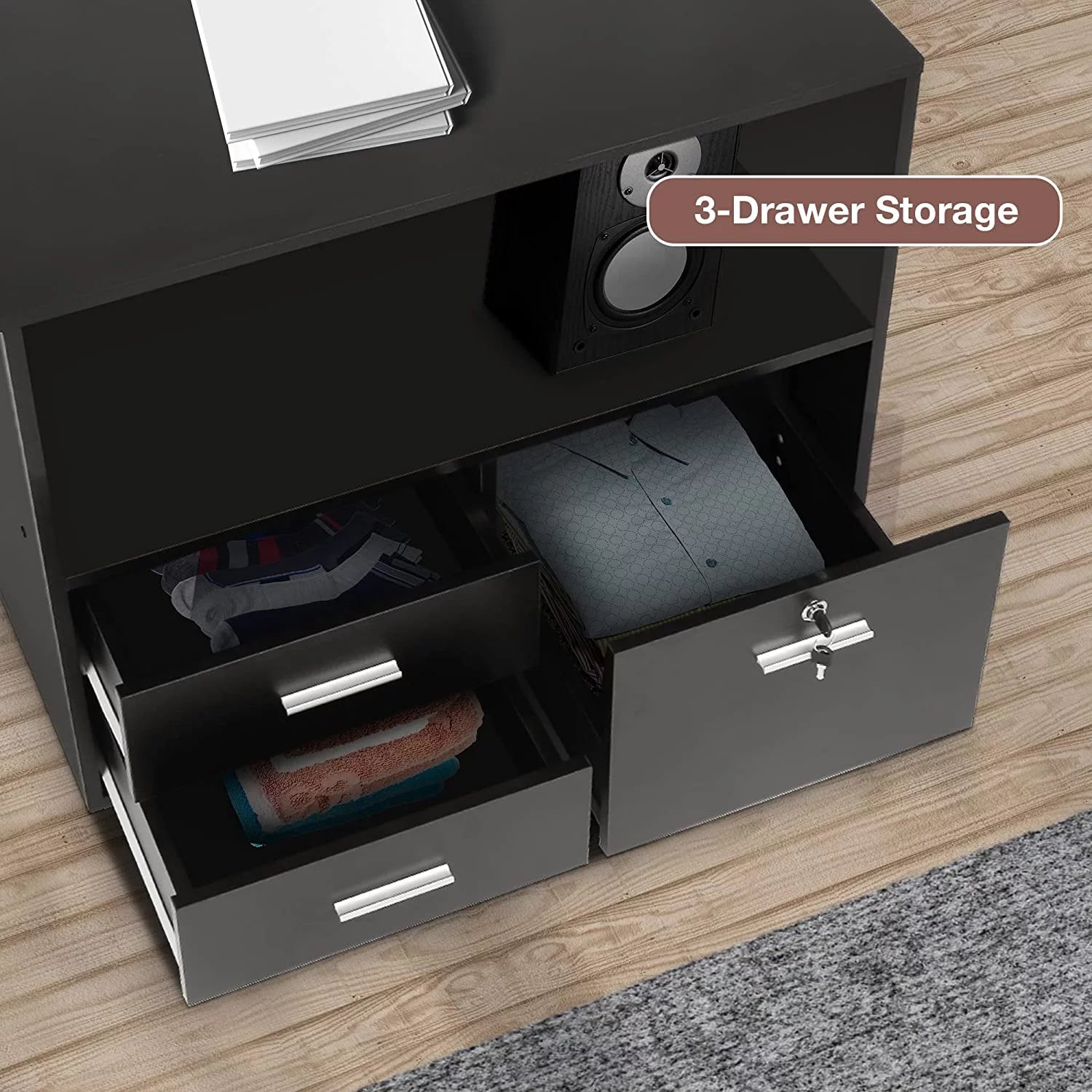 Karmas Product Wood File Cabinet with Lock 3 Drawer Mobile Lateral, Black X3979