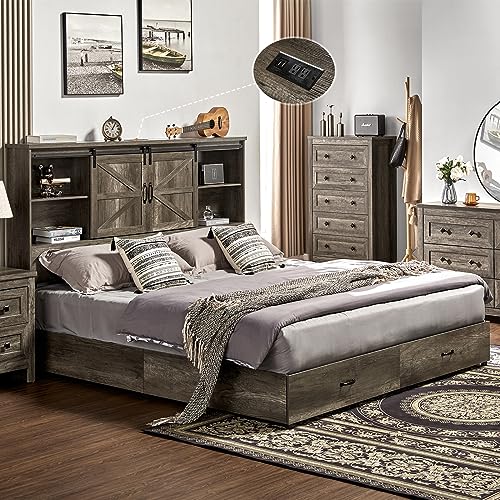VanAcc Full Size Bed Frame, Wooden Platform Storage Bed with 51.2" Bookcase Headboard, 2 Drawers, Charging Station/No Box Spring Needed/Noise Free(Brown)