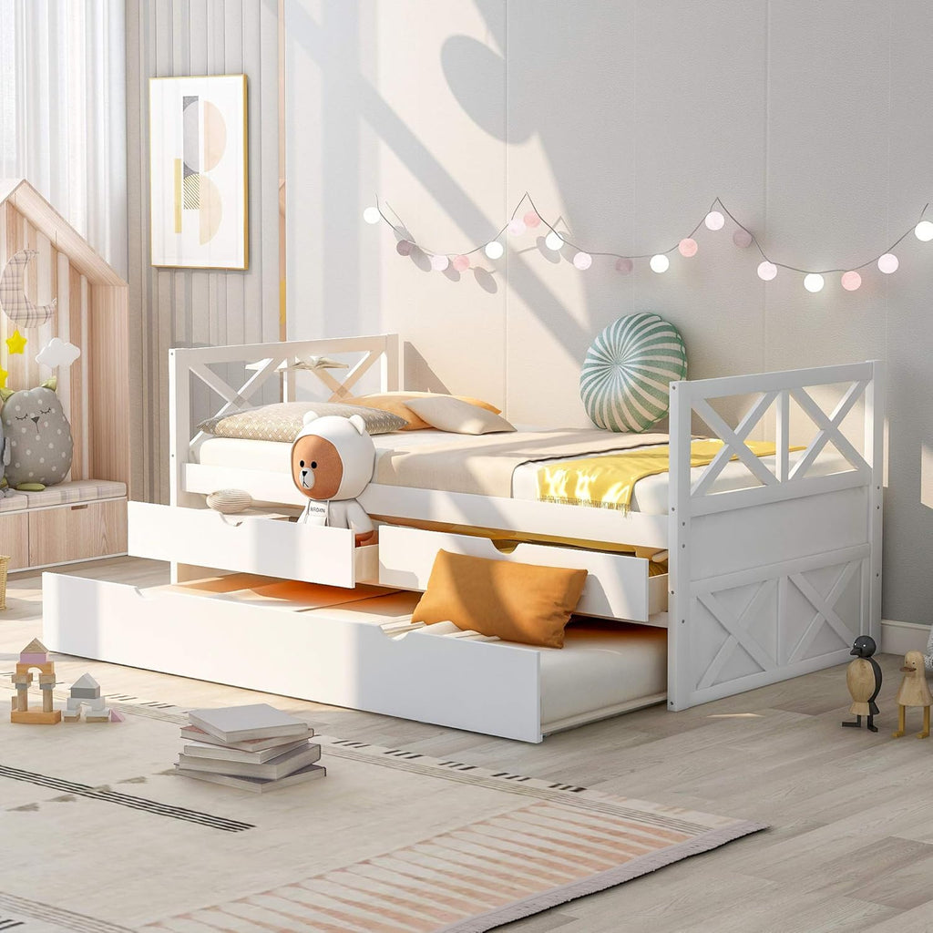 Twin Captain's Bed with Trundle and Storage Drawers, White T35158