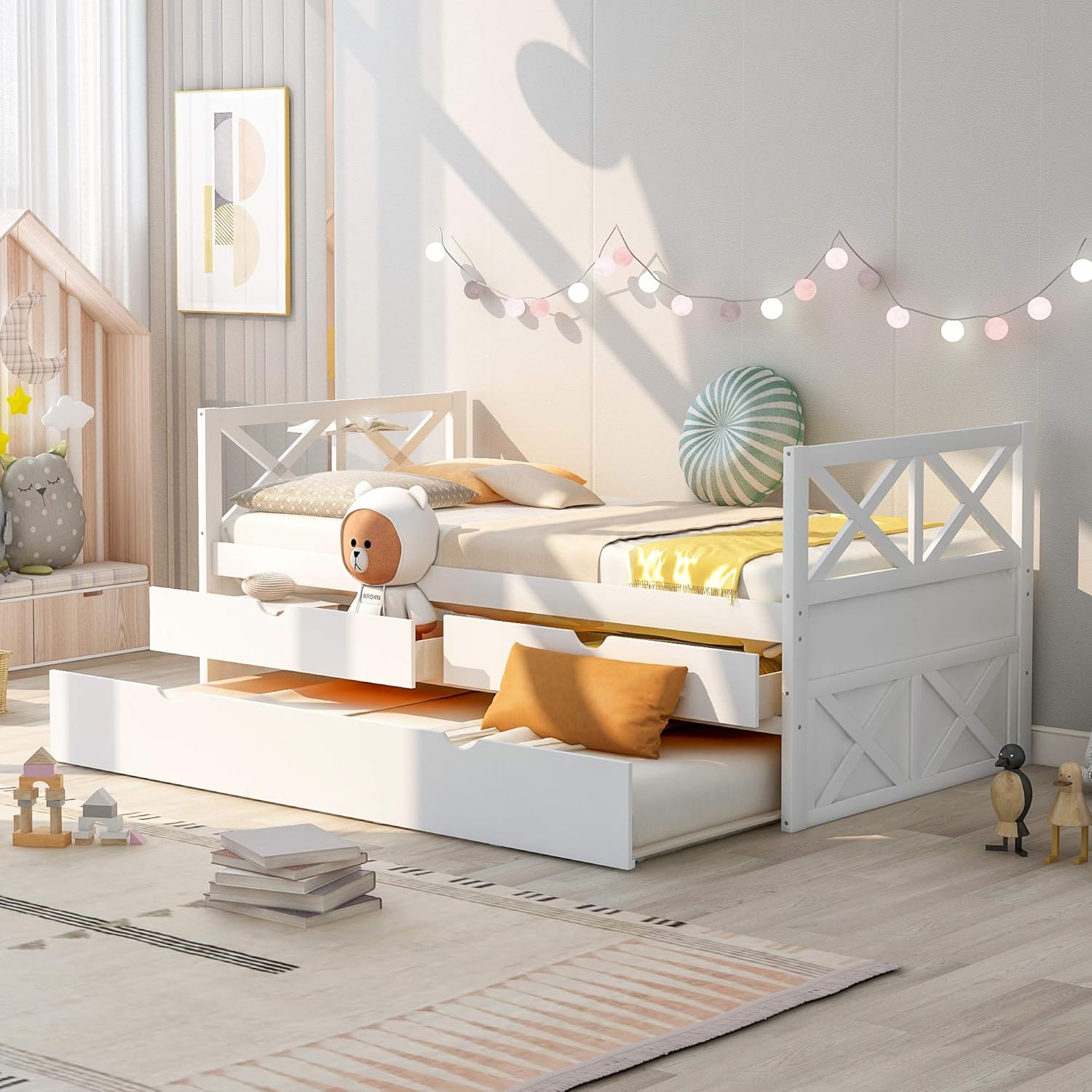 Twin Captain's Bed with Trundle and Storage Drawers, White T35158