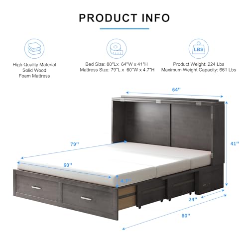 PUREMIND Queen Murphy Bed Cabinet with 2 Storage Drawers and USB Charging Station R5817