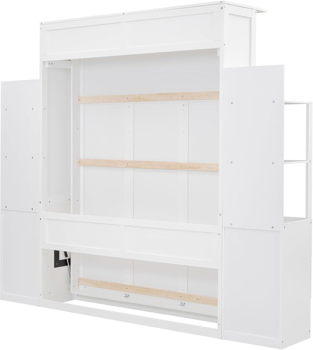 Queen Size Murphy Bed Wall Bed with Shelves and LED Lights, White N44570