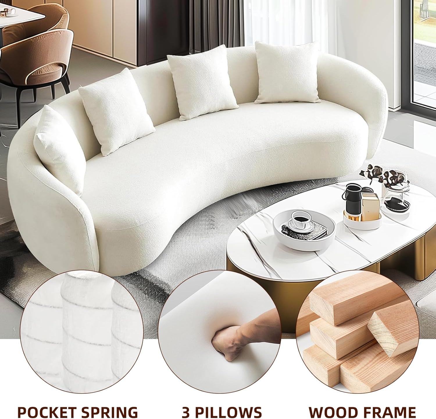Teddy Fabric Curved 101" Mid Century Modern Half Moon Sectional Sofa with 4 Throw Pillows U200