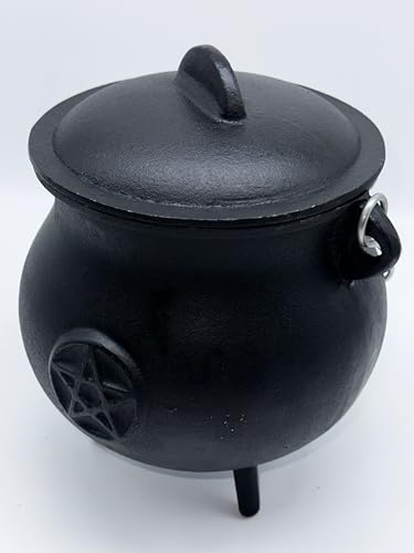 X-Large Pentacle Cast Iron Cauldron with Lid and Handle, 7.5" Diameter I70629