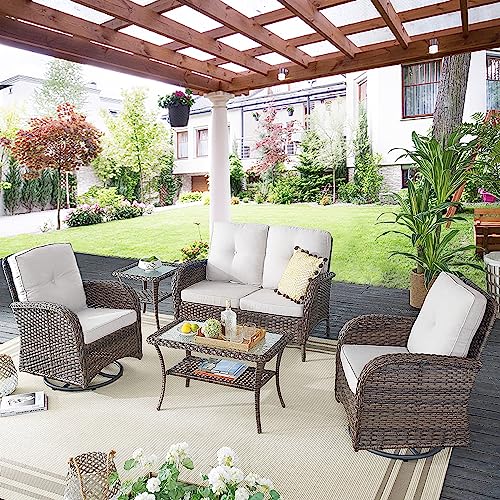 Outdoor Wicker Swivel Rocker Chairs Set of 2 with Rattan Side Table, Brown/Blue B592