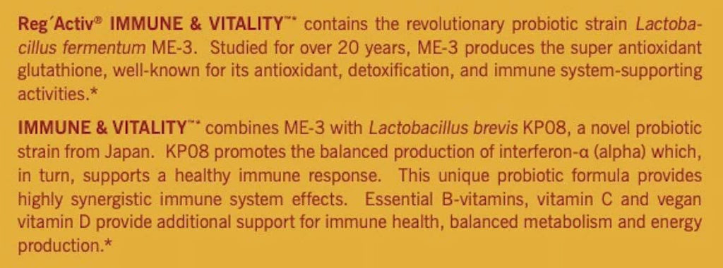 Reg'Activ Immune & Vitality with Lactobacillus fermentum ME-3, Vegan Vitamin D3 and Vitamins C and B Q388