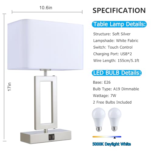 22" Touch Control Table Lamps with USB Ports, Dimmable, Gold & White V1178