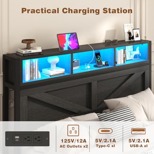 Farmhouse Full Bed Frame with Bookcase Headboard, Charging Station, Brown K11127
