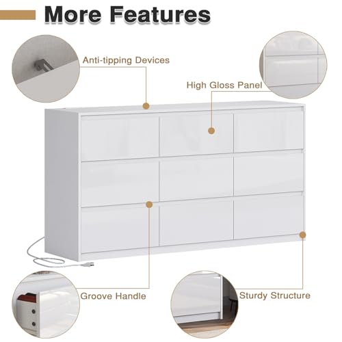 White 10 Drawer Dresser for Bedroom, High Gloss Modern TV Stand D4767