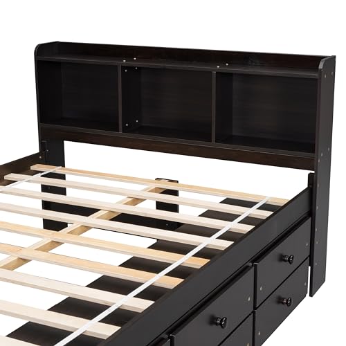 SOFTSEA Full Size Platform Bed with Storage Drawers and Bookcase Headboard, White V613109