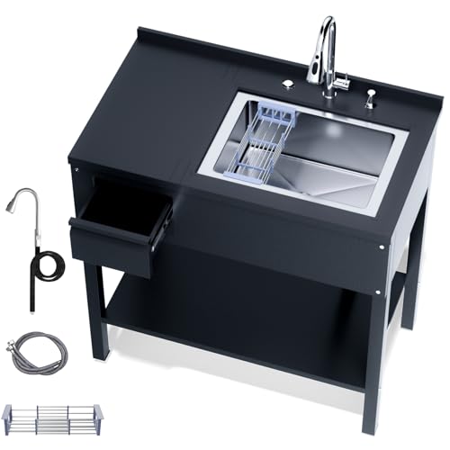 36" Stainless Steel Freestanding Utility Sink with Drawer, Laundry&Utility Room Sinks, Upgrades Faucet, Hoses and Drain Kit, Rectangular Single Bowl Utility Sink for Outdoor, Garage