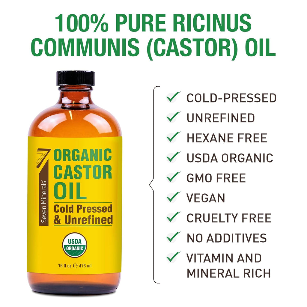 Seven Minerals Organic Cold Pressed Castor Oil, 16 fl oz Glass Bottle K5370