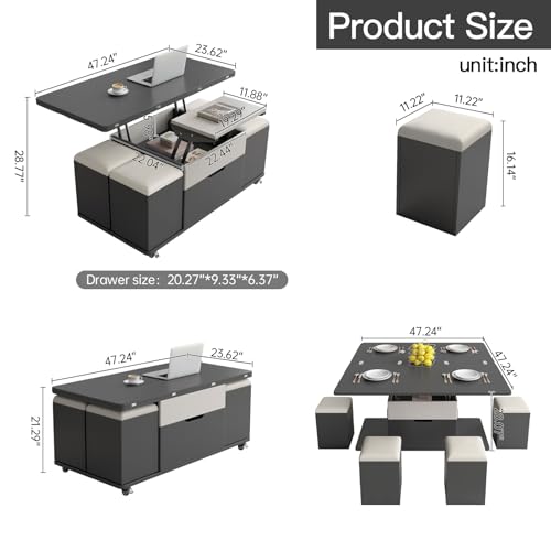 Modern Lifting Coffee Table with 4 Stools and Storage D3758