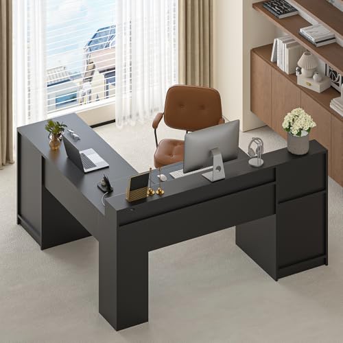 63" Farmhouse L Shaped Desk with Drawers, Power Outlets & Storage Shelf Q538