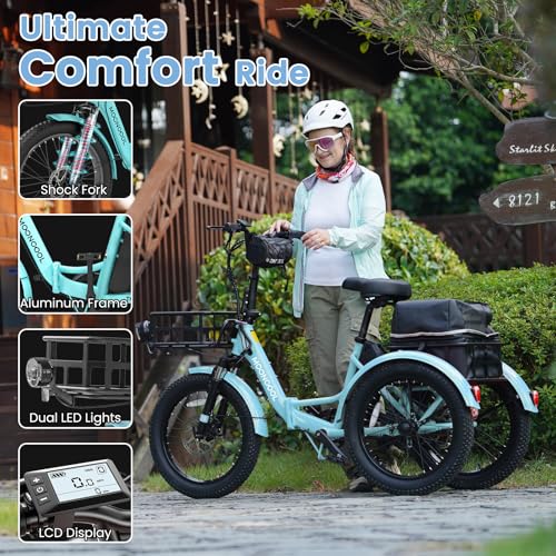 MOONCOOL Electric Tricycle for Adults, 500W 48V Folding 3-Wheel Bike with Basket O9027