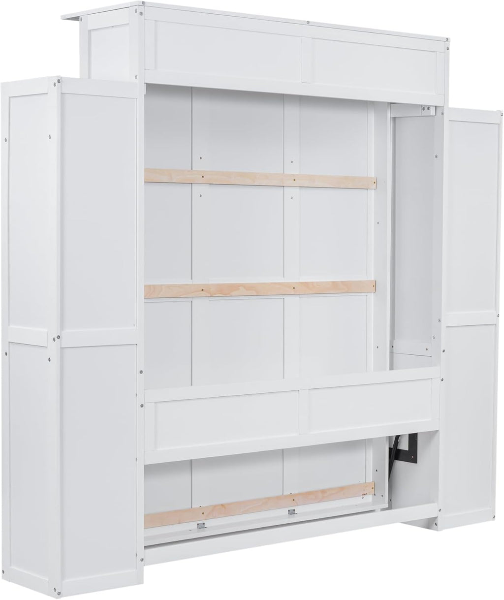 Merax Murphy Bed Queen Size Wooden Wall Bed with Shelves and LED Lights, White U14073