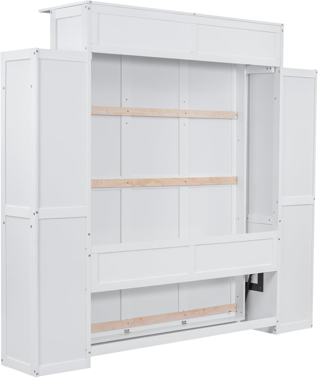 Merax Murphy Bed Queen Size Wooden Wall Bed with Shelves and LED Lights, White U14073