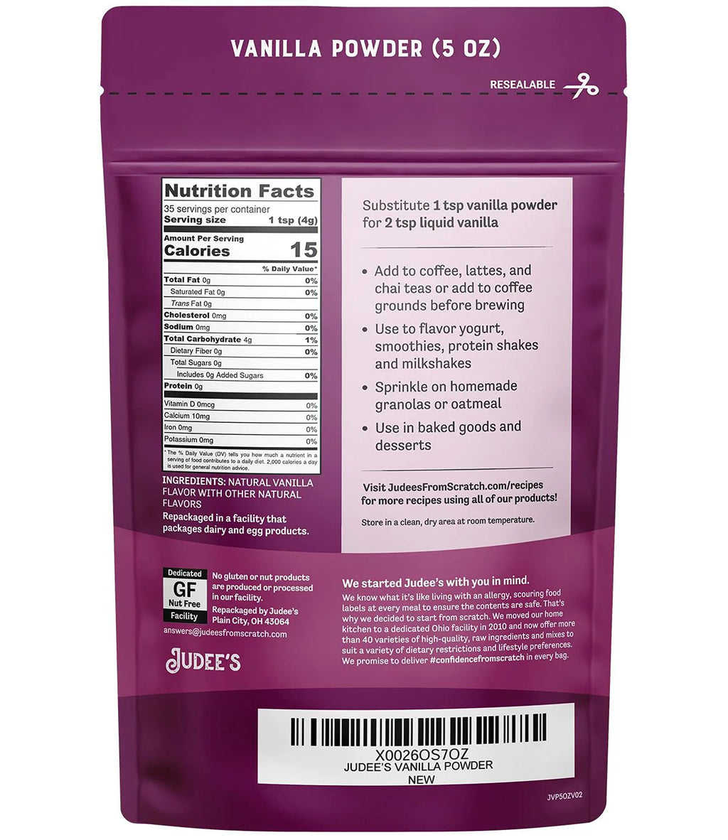 Judee's Premium Vanilla Flavor Powder 5 Oz - Non-GMO, Made in the USA Z2347