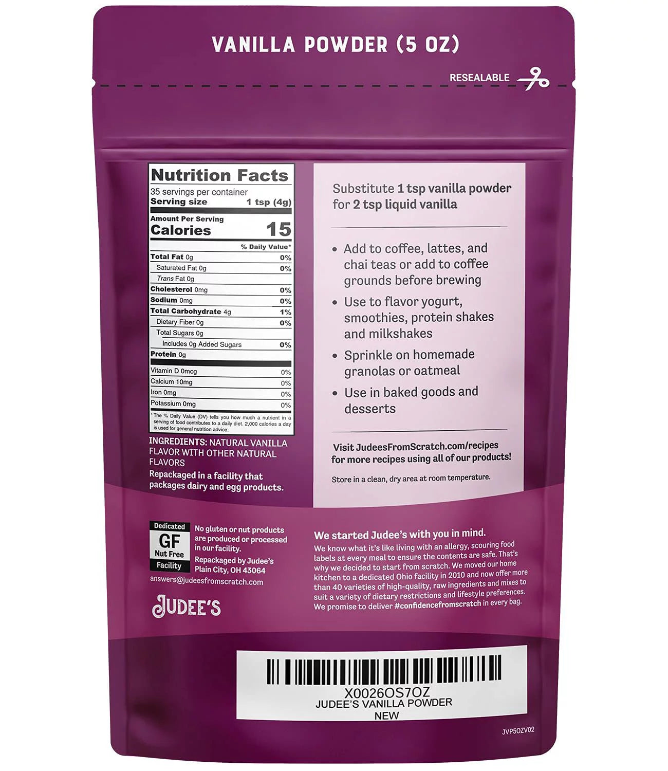 Judee's Premium Vanilla Flavor Powder 5 Oz - Non-GMO, Made in the USA Z2347