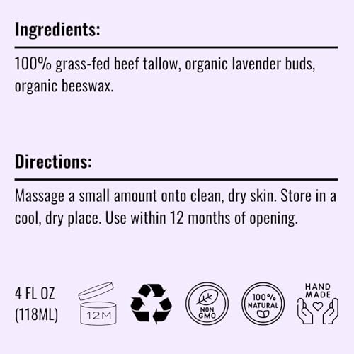 Pure Whipped Tallow Balm Unscented, Organic Grass-Fed Beef Tallow for Skin N669878