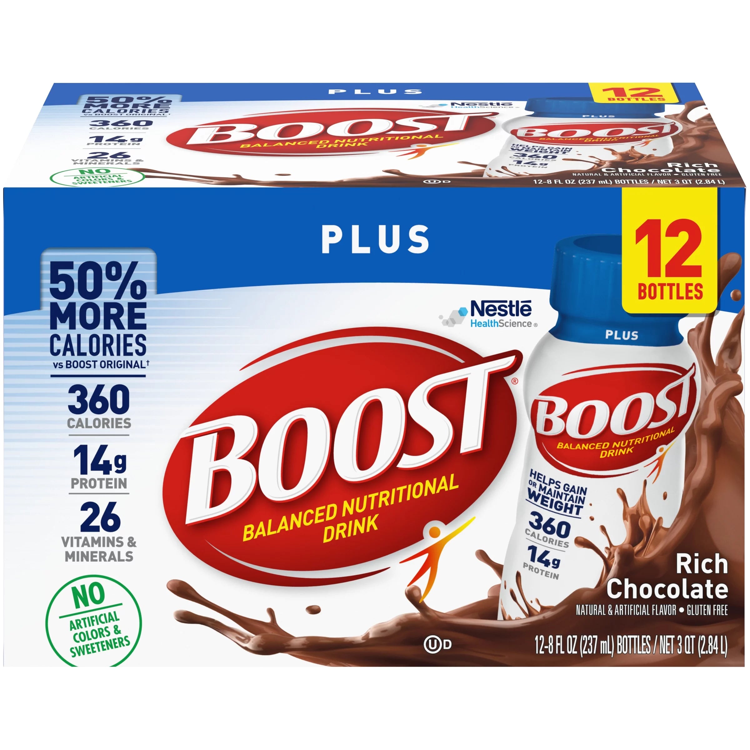 BOOST PLUS Nutritional Drink, Rich Chocolate, 14g Protein, 12-8 fl oz N32288