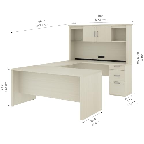 Bestar Logan 66W U or L-Shaped Executive Office Desk with Pedestal and Hutch, Bark Grey W17996