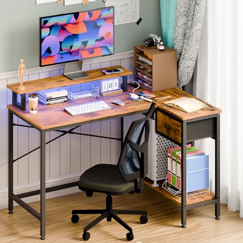 Fixwal L Shaped Gaming Desk with Power Outlets and LED Lights, Rustic Brown J2138