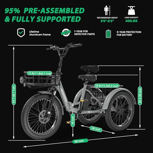 MOONCOOL Electric Tricycle for Adults 350W 36V Removable Battery 7 Speeds P222040