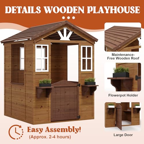 Cedar Wooden Kids Playhouse with Play Kitchen and Vinyl Roof U118424