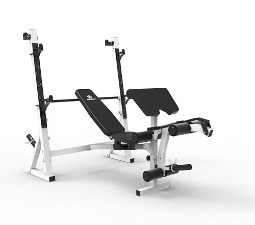 Marcy Olympic Workout Bench with Preacher Curl Pad and Weight Rack, White/Black R86365