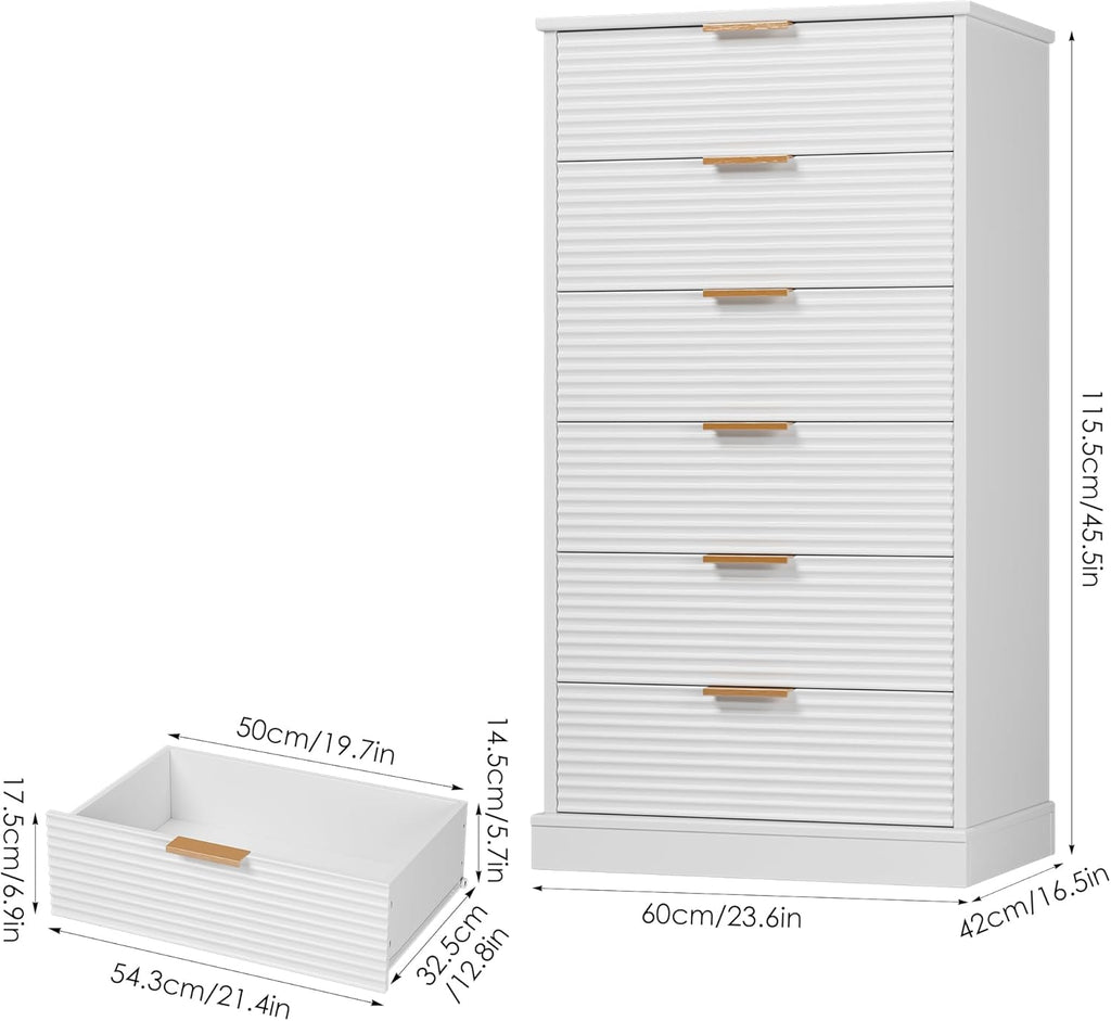 6 Drawer Dresser, Tall White Chest with Handles for Home & Office E6924