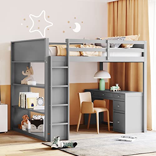 Harper & Bright Designs Full Size Loft Bed with Wardrobe and Desk, Solid Wood, White R4710