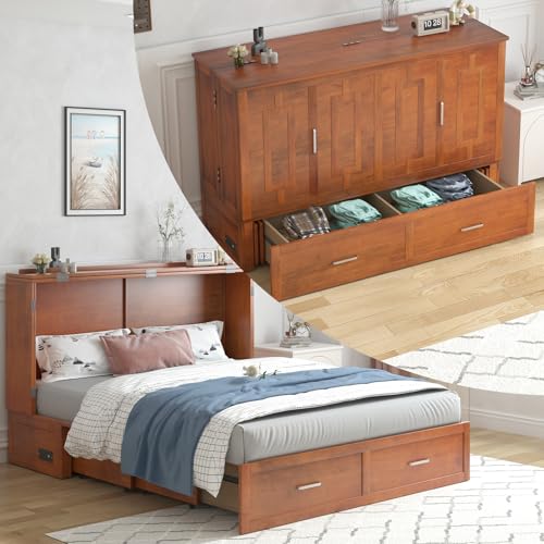 PUREMIND Queen Murphy Bed Cabinet with 2 Storage Drawers and USB Charging Station R5817